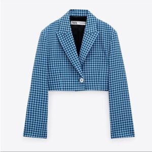Zara Blogger Favorite Cropped Blue Plaid Blazer Women’s Size Medium